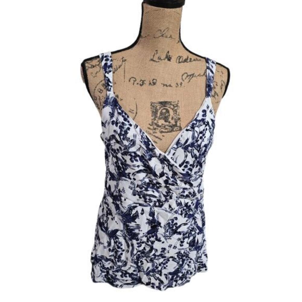 Donna Karan Blue and White Floral Surplice Side Zip Dressy Tank Top Shirt Size M